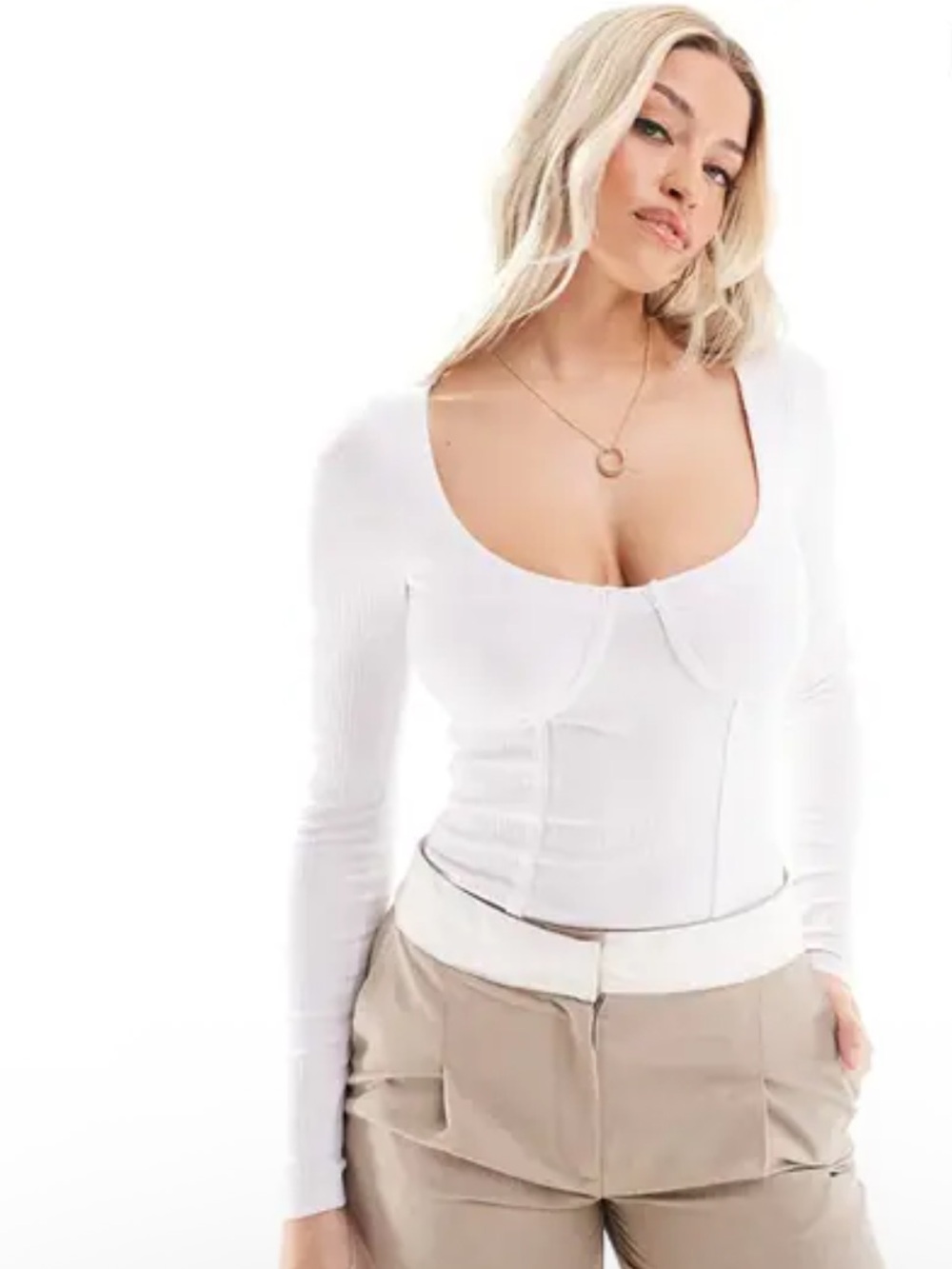 ASOS White Ribbed Long-Sleeve Scoop-Neck Bodysuit